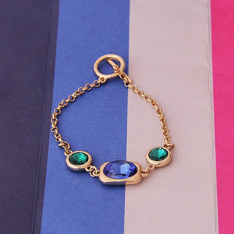 V&R Fashion jewelry woman gold plated bracelet 2 round emerald sapphire glass stone crystal healing rhinestone cuff bracelets