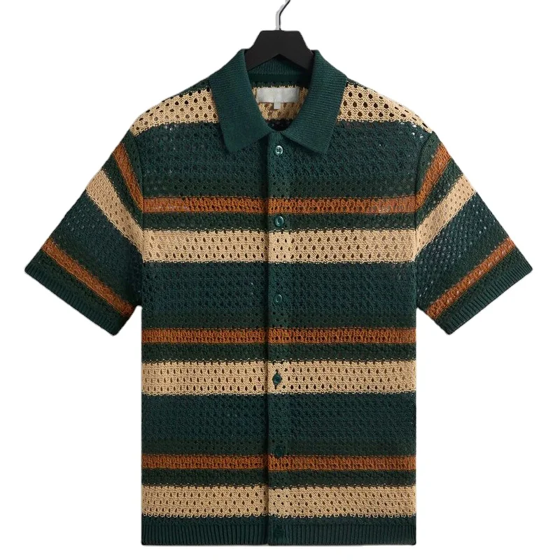 Custom Summer Crochet Shirt Short Sleeves Chunky Crochet Striped Turn-down Neck Knitwear Designer Cotton Yarn Crochet Sweater