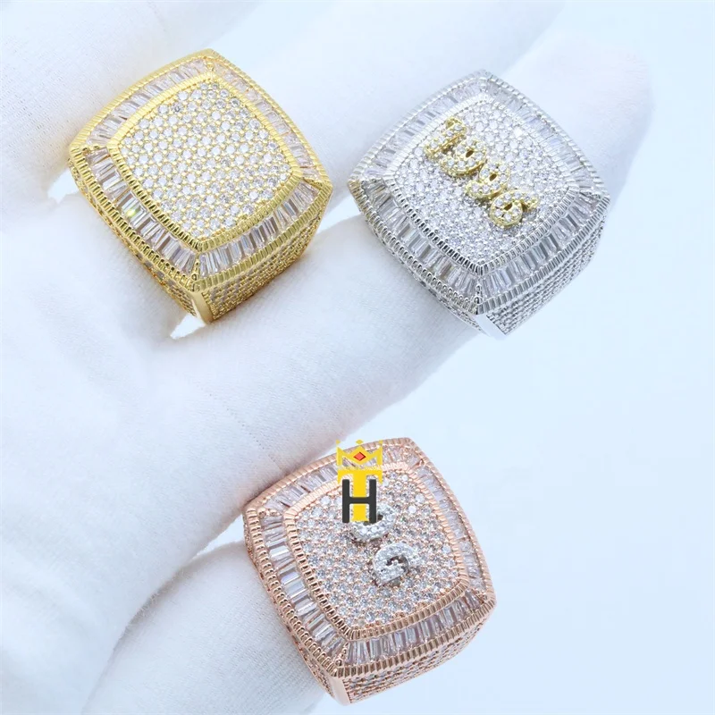 Man hip hop moissanite ring customize name jewelry championship baguette iced out diamonds letter rings