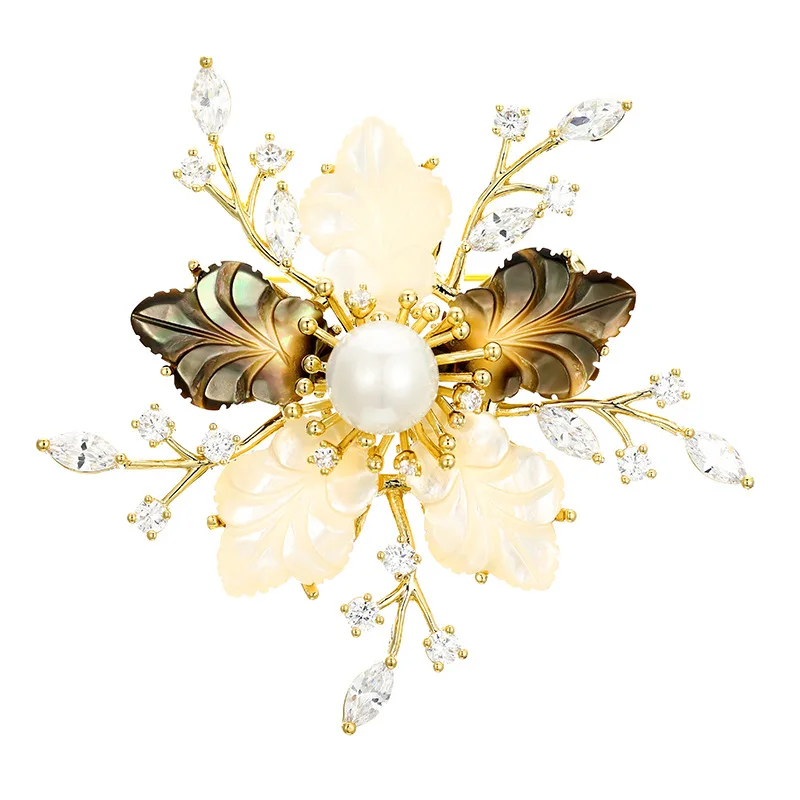 Luxury Wedding Brooch Bouquet Shell Flower Brooches Pin Zircon Flower Leaf Brooch For Wedding