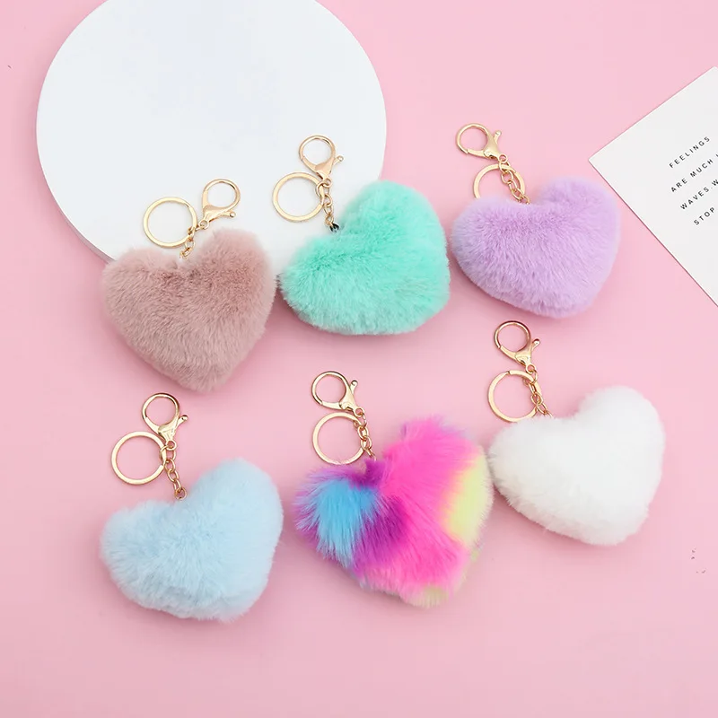 Heart Shape Fluffy Soft Hand Feeling Fox fur Multi Color Mini Rabbit Puff Ball Fur Pom Poms Keychain Set for Valentine Day Gift