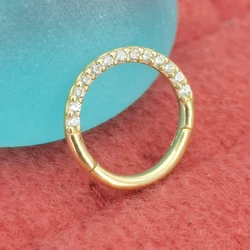 Custom 14k Solid Yellow Gold Hip Hop Hinged Segment Clicker Paved Bling CZ Jewelry Septum Daith Wholesale Piercing Ring