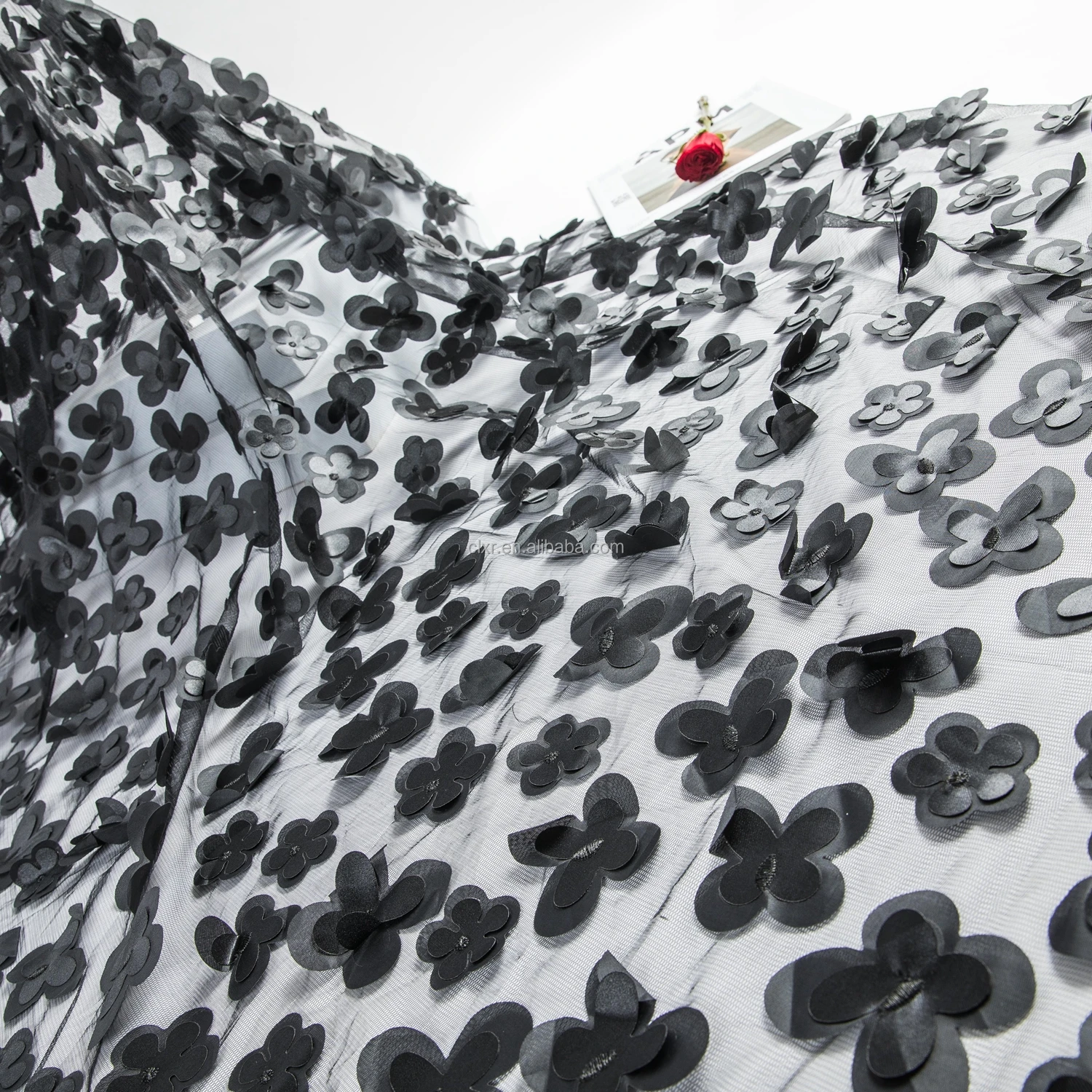 3D Floral Embroidery Tulle Fabric Recycled Polyester Tulle Wedding Dress Tulle Custom Fabric