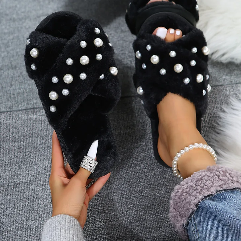 Women Fluffy Slippers Summer 2023 Warm Faux Fur Cross Flip Flops Indoor Pearl Floor Slides Soft Flat Furry Sandals