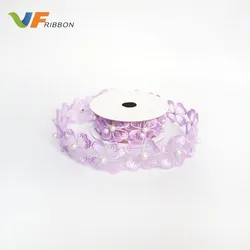 Chiffon Pearl Flower Embroidered Lace Trim / Bridal Wedding  Lace  wholesale haberdashery trim
