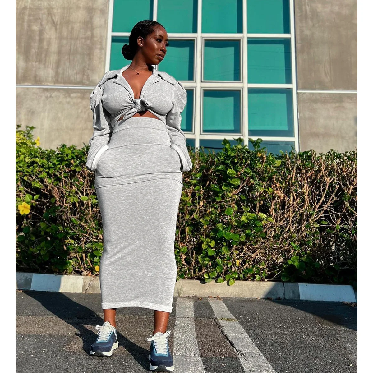 Wholesale Custom Women Clothes Long Sleeves Crop Tops+Midi skirt Sets High Quality Casual Women Sets Spring Women Clothing 2023