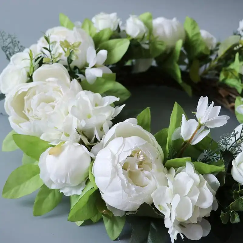 Door Hanging Candle Holder Holiday Wreath Decoration Artificial Silk White Peony Flower Wreath For Wedding Christmas Funeral