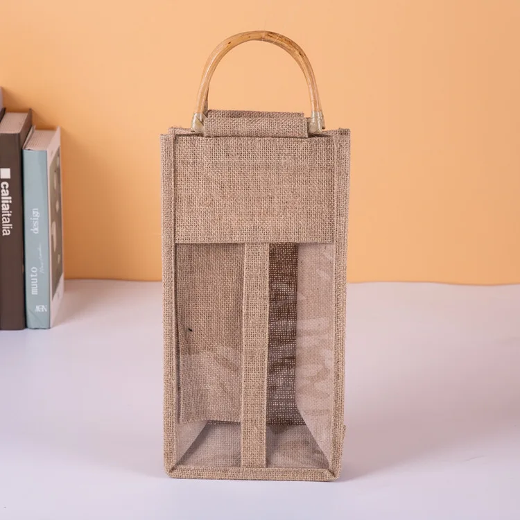 Best Selling Wholesale Gift Tote Bags Custom Logo wine Bottle Jute Bag With bamboo Handle Gift bag