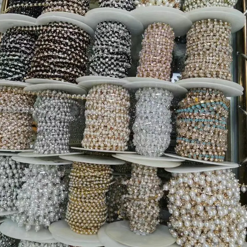 Wholesale Sew-On Rhinestone Cup Chain Strass Roll Trim with Glass Beads for Shoes and Bags Decoration rhinestone chain