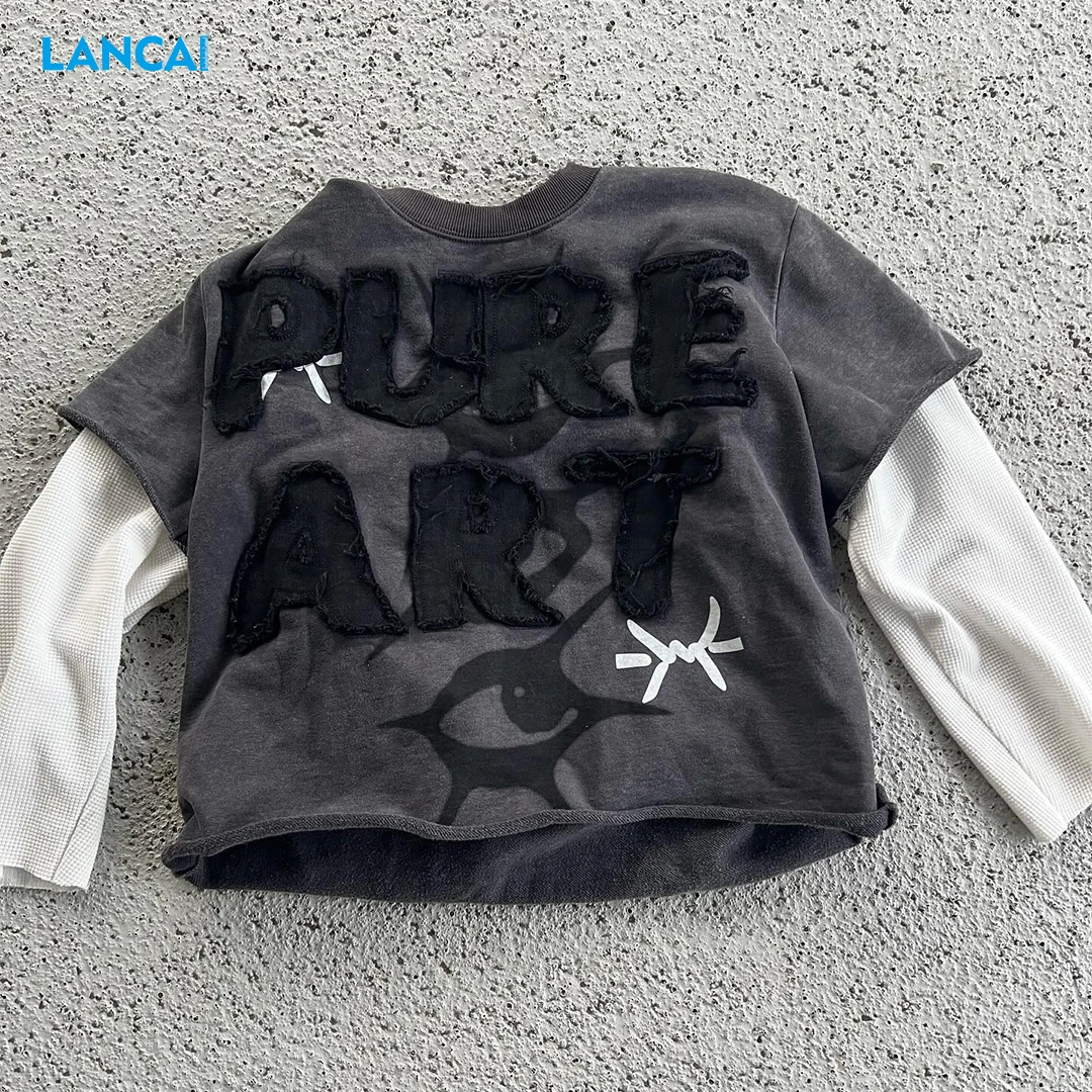 Patch Embroidery T-Shirt Vintage Cotton Ripped Distressed Stone Acid Wash Double Layer Long Sleeveless T Shirt For Men