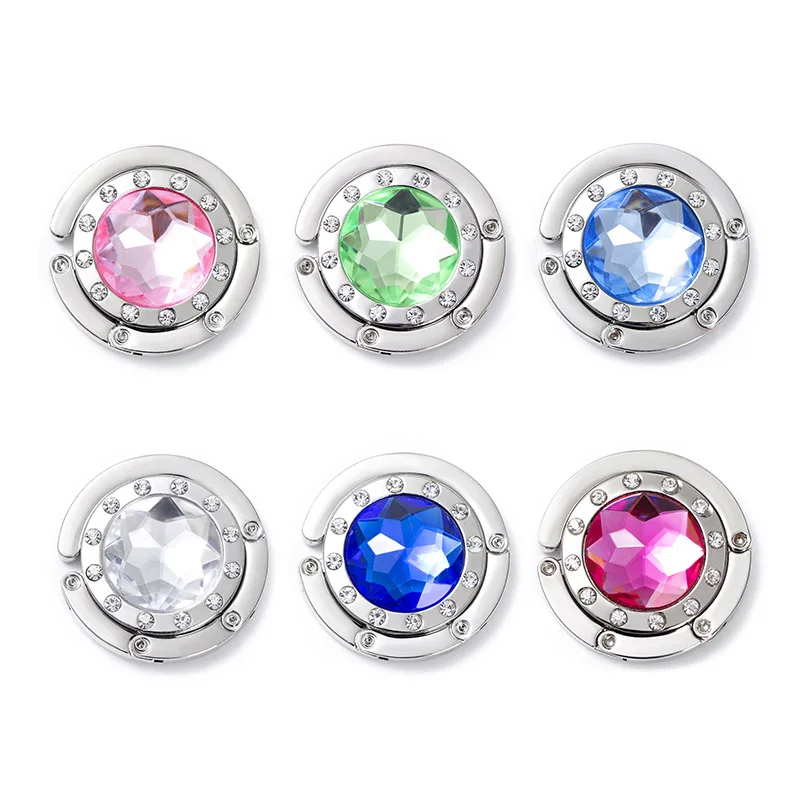 Pink Foldable Table Handbag Hook Round Shaped Diamond Bag Hanger Holder Metal Purse Hook