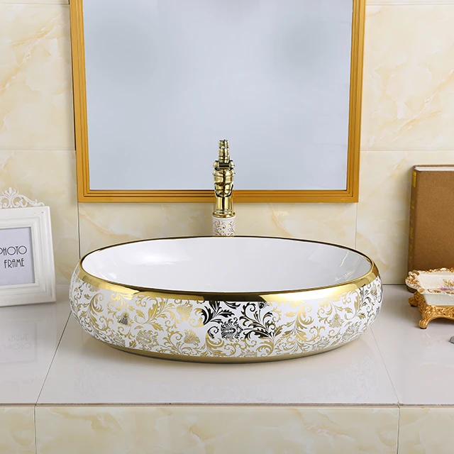 Luxury Golden Vanity Table Top Wash Basin Ceramic Art Oval Lavabo Electroplated Bathroom Vessel Sink