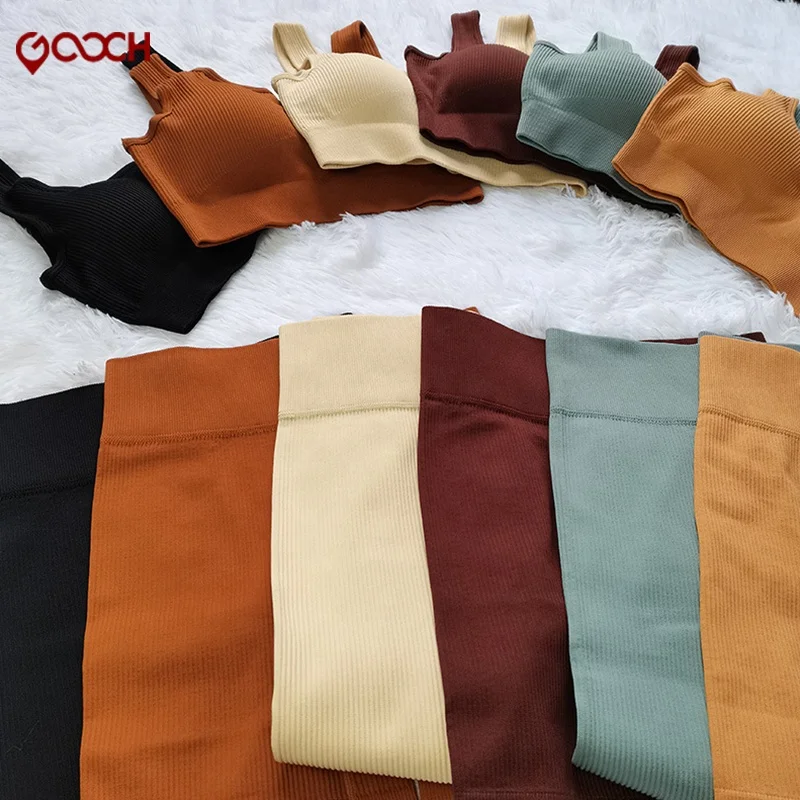 Custom logo Gym outfit seamless high waist leggings Sports bra two piece red active wear ribbed Yoga Sets fitness women