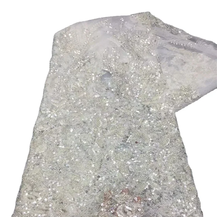 Wedding Crystal Lace Fabric Quality Best Embroidery Sequence Fabric Sequin Beading Net Lace