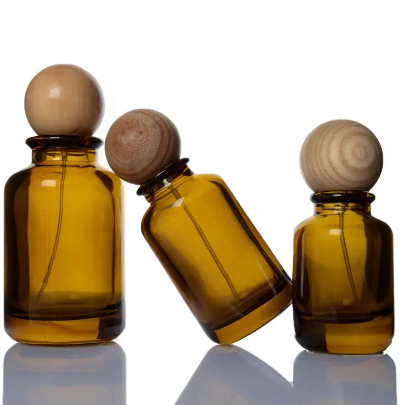 Amber Bottle 30ml 50ml 100ml Round Glass Empty Perfume Bottle With Wood Ball Lid