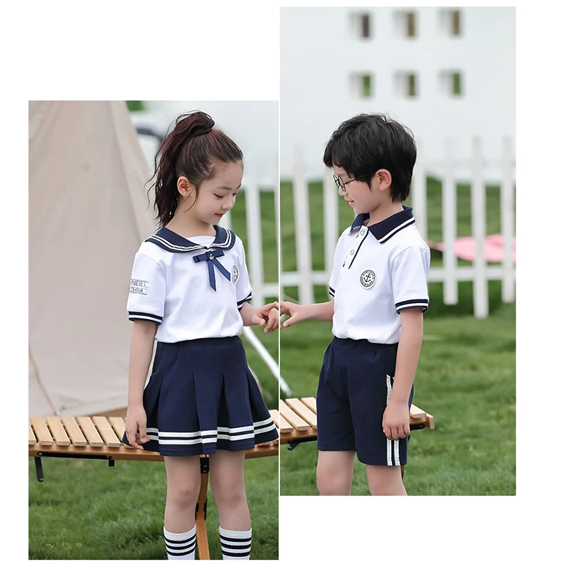 custom design beautiful skirt summer 2 pieces uniform unisex men adults white shirt pleated skirt school uniform set for girls