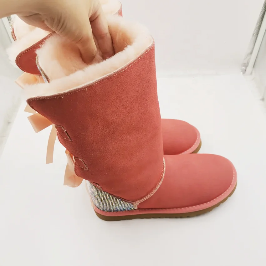 Wholesale Fashion Kids Women Sheepskin Wool integrated Ladies Winter Ribbon Fur Boots Shoes With Bows Snow Boots