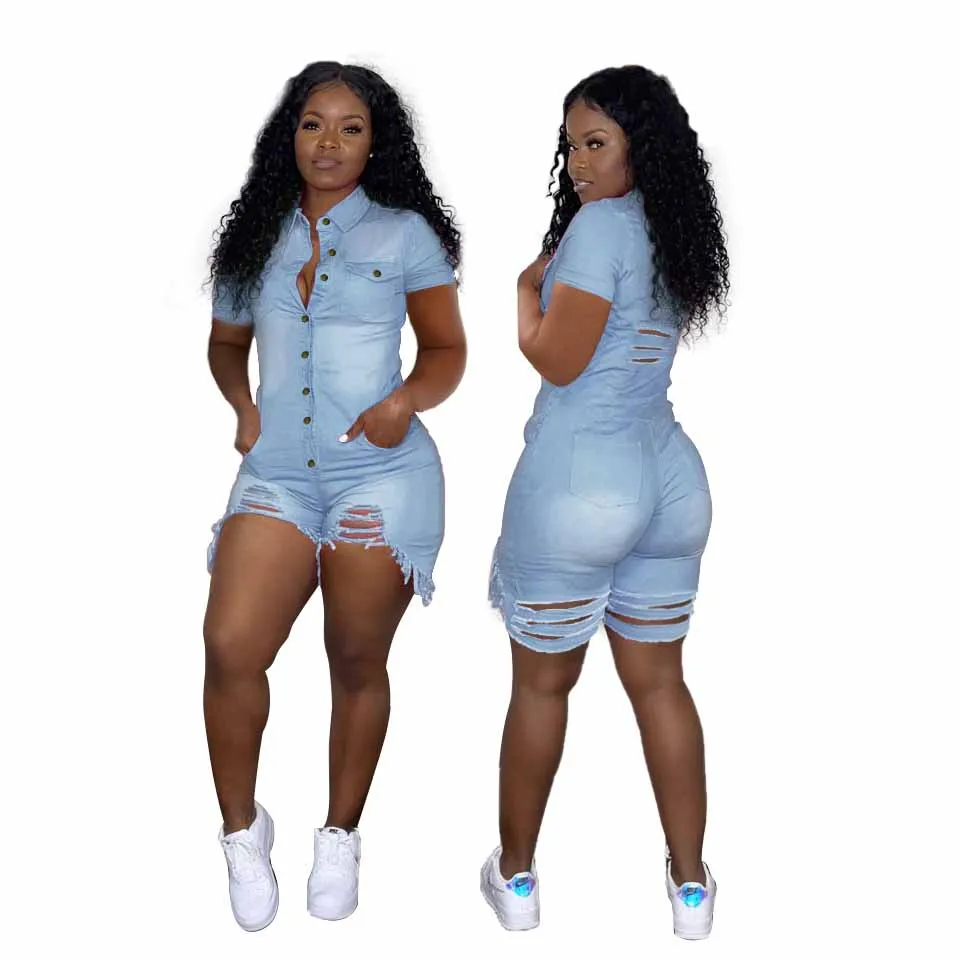 
New arrival plus size jean jumpsuit denim fabric high quality ripped jumpsuit shorts for women 