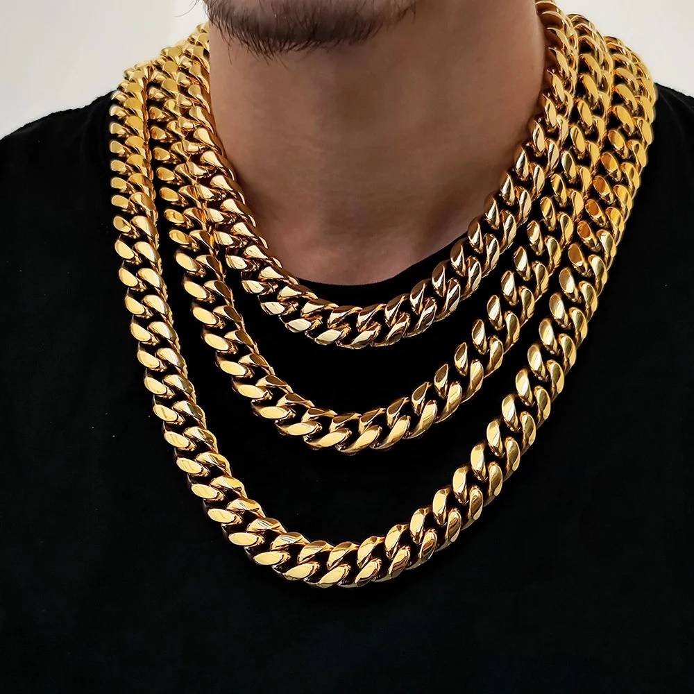 Miami Hip Hop Fashion Jewelry 14K 18K Gold Stainless Steel Zircon Buckle 6-18MM Chunky Cuban Link Chain Necklace for Women Men