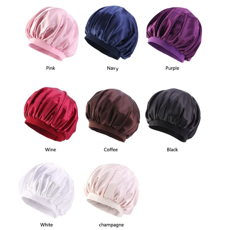 2022 Manufacturer Bath  Waterproof Satin ShowerCap with Elastic Dual Layer PE Fabric Inner Women BathCap Custom Reusable