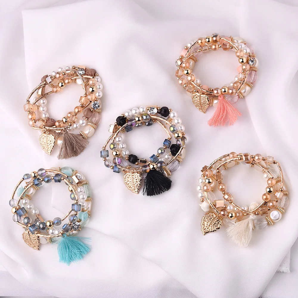 Top Fashion Europe and the United States Crystal Multi-layer Pearl Bracelet Glass Alloy Temperament Fringe