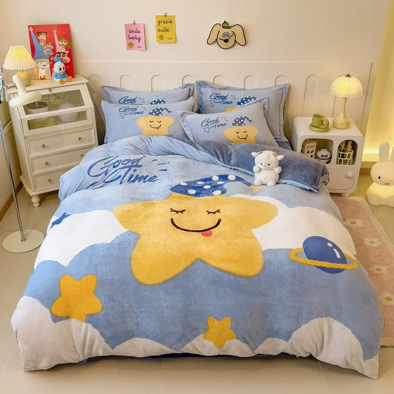 Coral velvet kids kids bedding set with cartoon characters fleece winter bedding warm bedsheets for winter velvet thick beddings