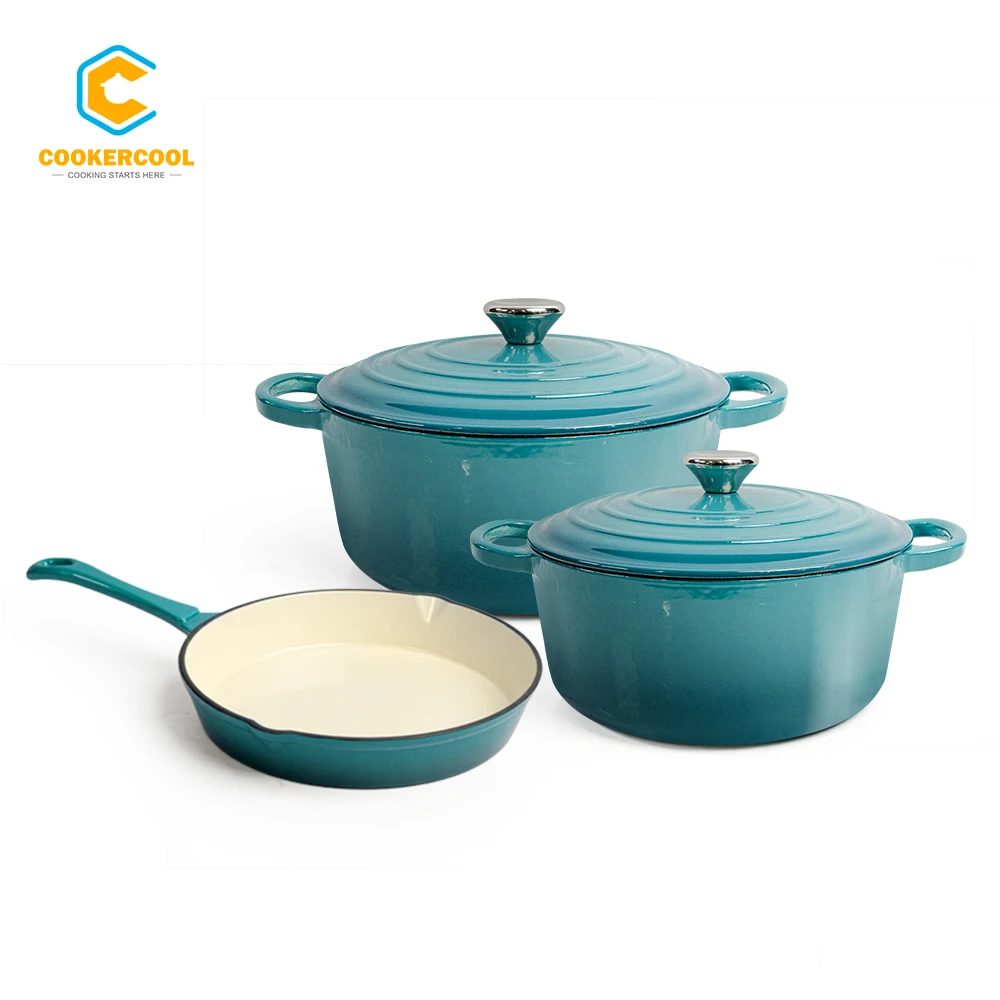 Cookercool 3 pieces Kitchen ware Heavy Duty Cast Iron White Enamel Pots and Pans Set Nonstcik Cookware