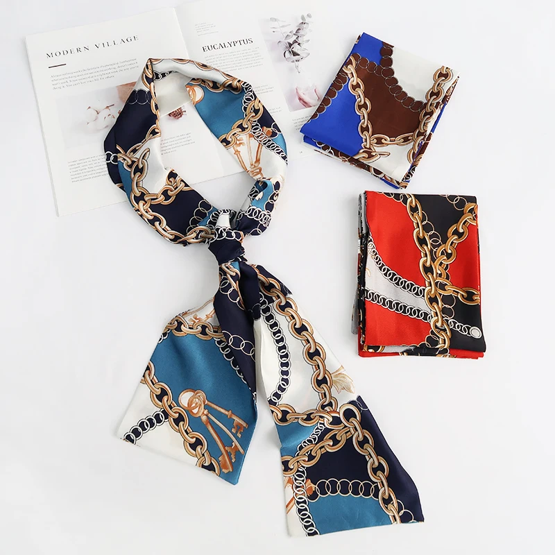 
Custom Printing Handle Bag Long Hair Tie Headband Neck Scarf Flat Angle Silk Satin Scarf Twill Ribbon Decorative Ladies Scarves 