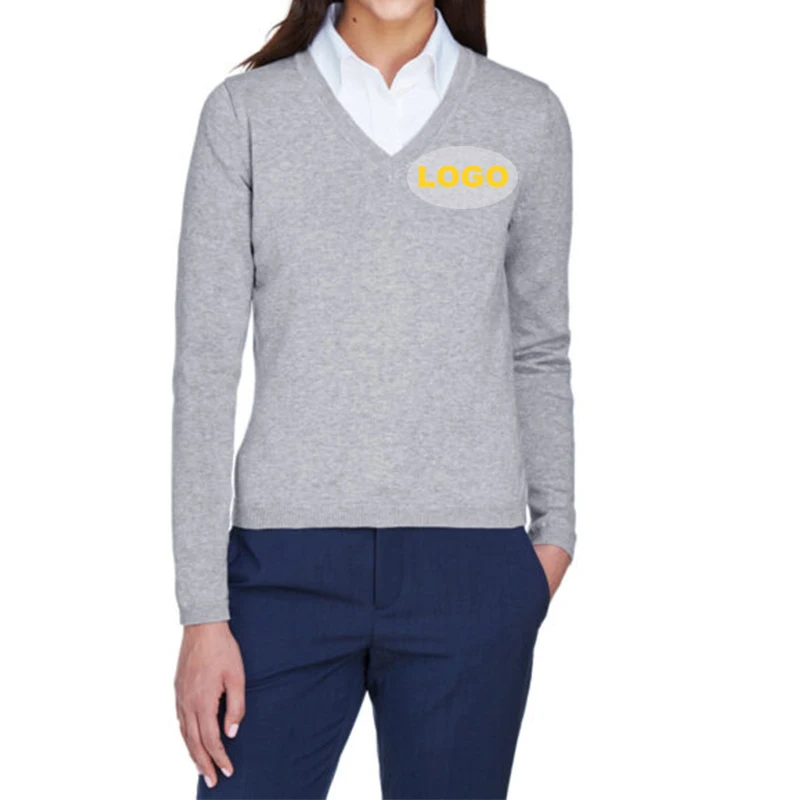 Новый дизайн женской деловой одежды осень 100% хлопок V-образный вырез Вязаная женская униформа большого размера для сотрудника свитер с пользовательским логотипом