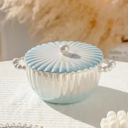 HY Pearl Ceramic Soup Bowl Instant Noodle Bowl with Lid Single Double Ear Delicate Ramen Bowl