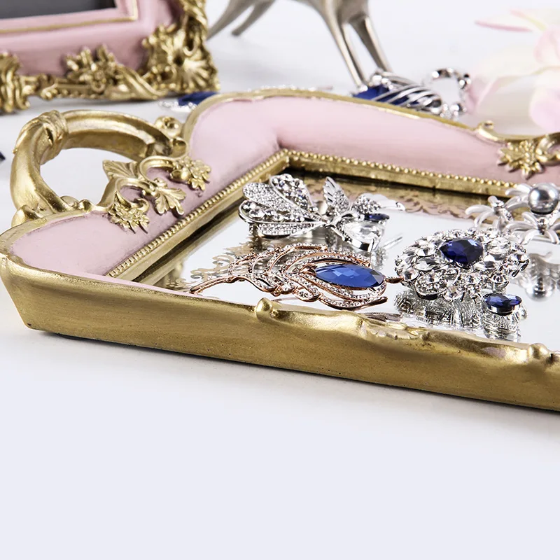 European Style gold Decoration Custom Hotel Home Decor Antique serving Mirror Square Jewelry Resin Fruit Tray For Wedding luxury