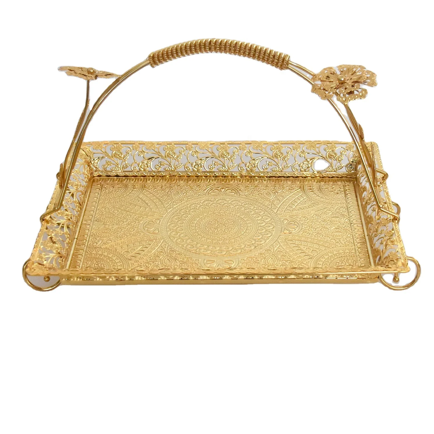 German silver metal gold plated dry fruit plate cake cookie serving tray with handle