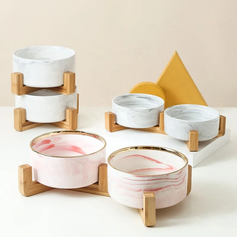 Luxury Marble Pattern Pet Dog Ceramics Water Bowl Dog Feeding Bowl With Stand For Dogs Cats Other Pets