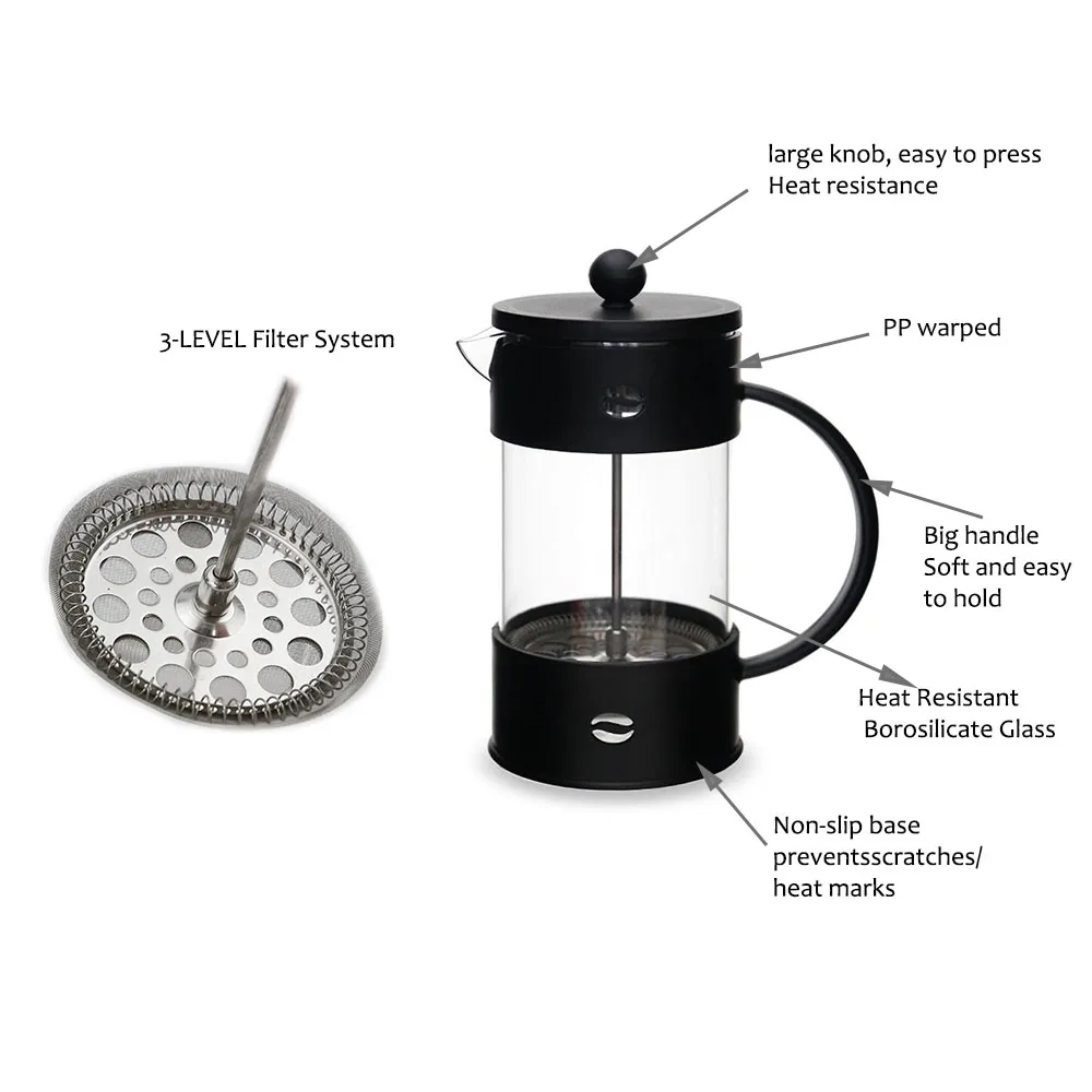 Wholesale French Presss Glass coffee tea press with PP wrapped 304 stainless steel filter
