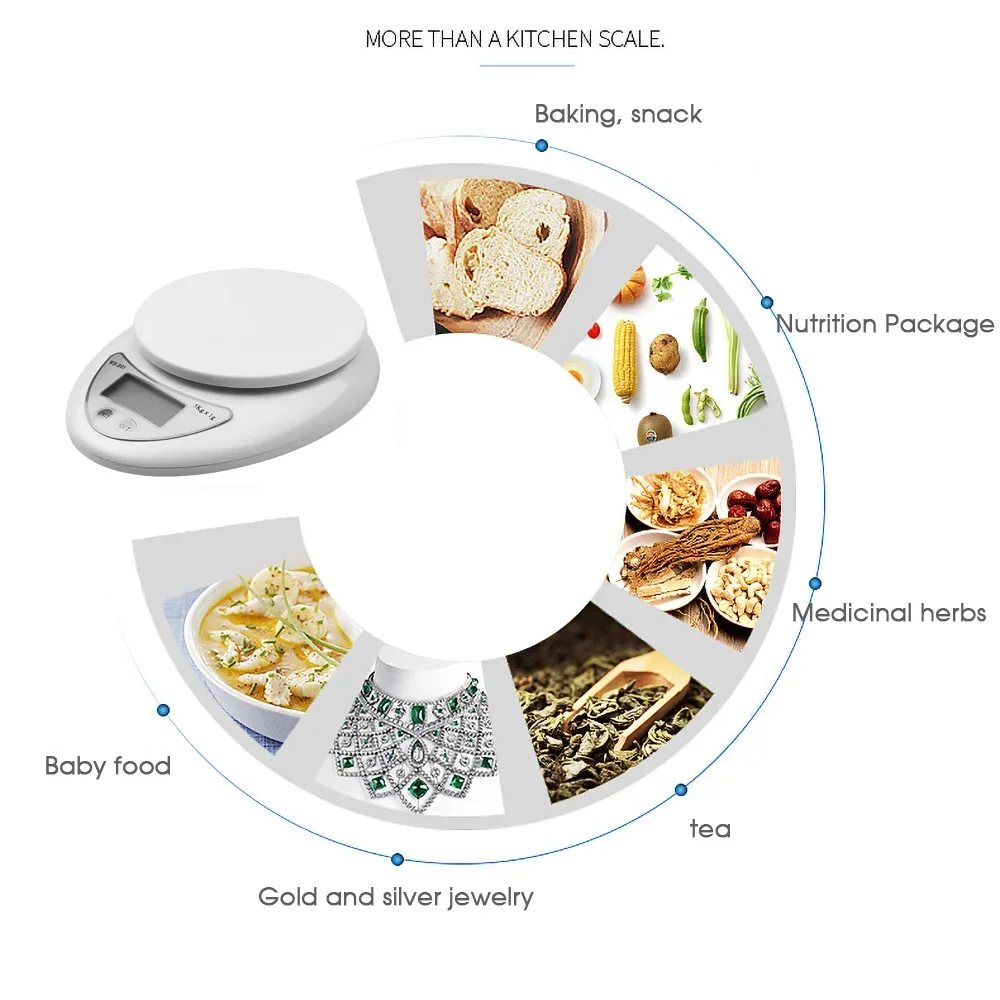 Liquid crystal electronic scale Portable digital scale Food measuring weight Kitchen Cooking baking balance measuring tool 5kg