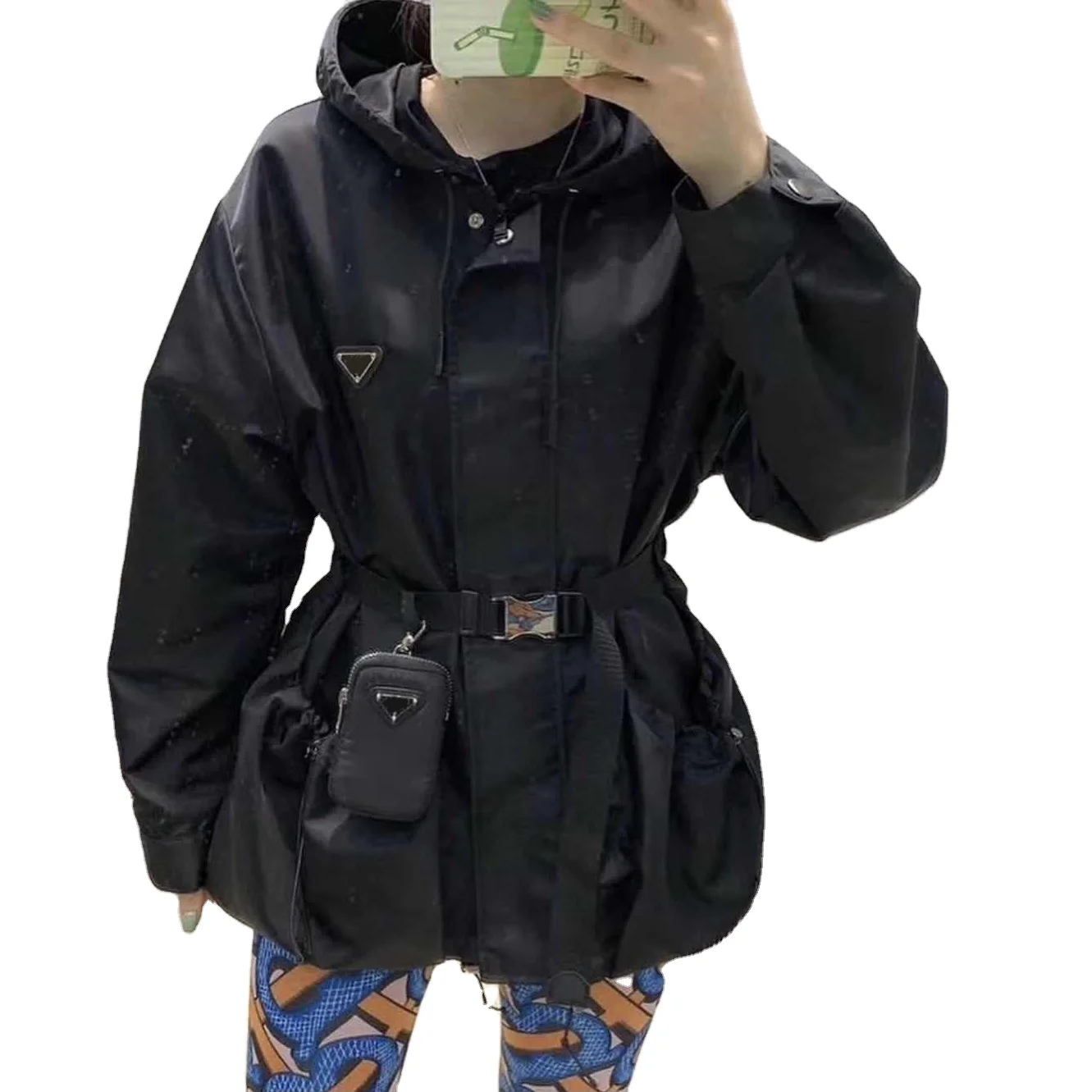 Hoodies Windbreaker Women Girls Stylish Long Sleeve Jacket Waistband Deco Solid Color Black Windproof Winter Fall Coats