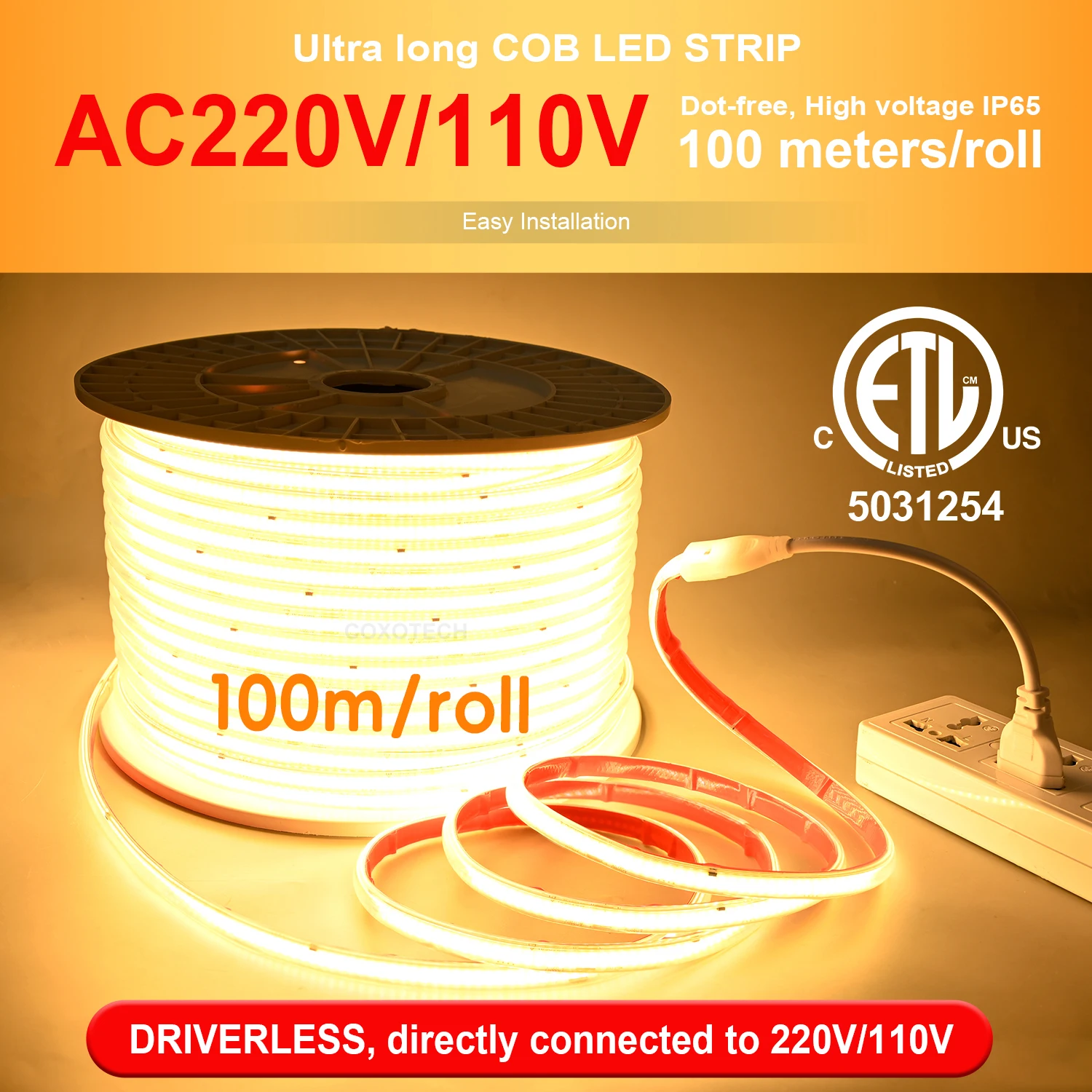 COXO ETL Cob Led Light Strip 220v 110V Dot Free Ip65 Waterproof 100m Roll ETL Driverless Led Strip 220v