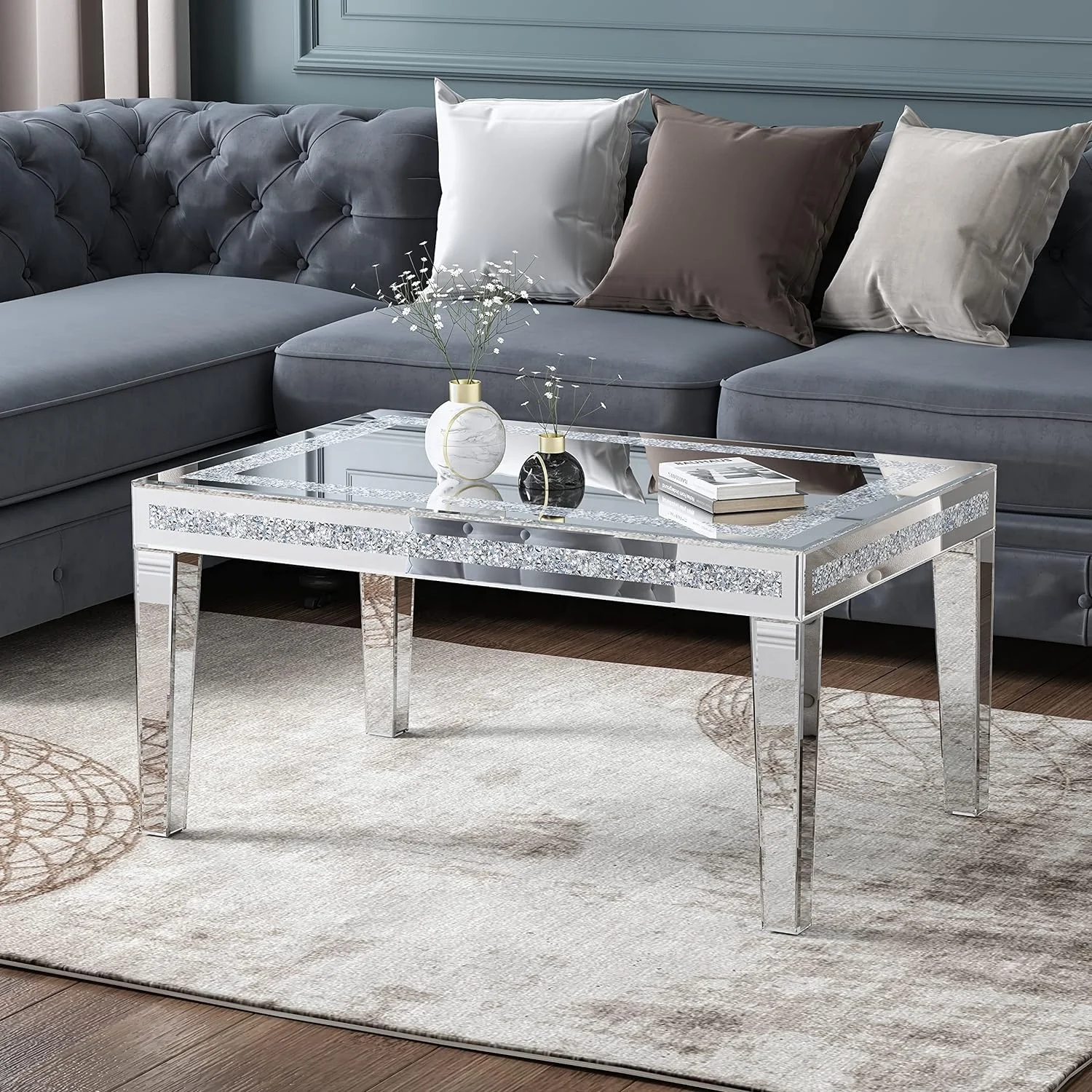 Belleworks Mirror Furniture Glass Rectangle End Table Diamond Tea Center Table Luxury Mirrored Coffee Table For Living Room