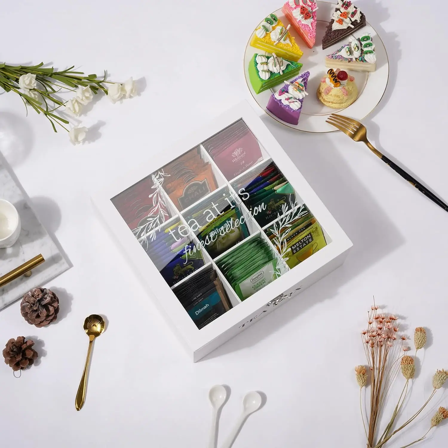 Modern 9 Compartment Wooden Tea Bag Holder Container Tea Caddy Box Organizer with Glass Cover for Display