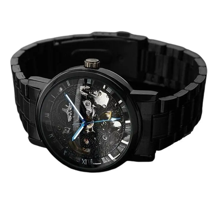Black Skeleton Designer Blue Engraving Clock Men Leather Strap Mens Watches Top Brand Luxury Mechanical Watches