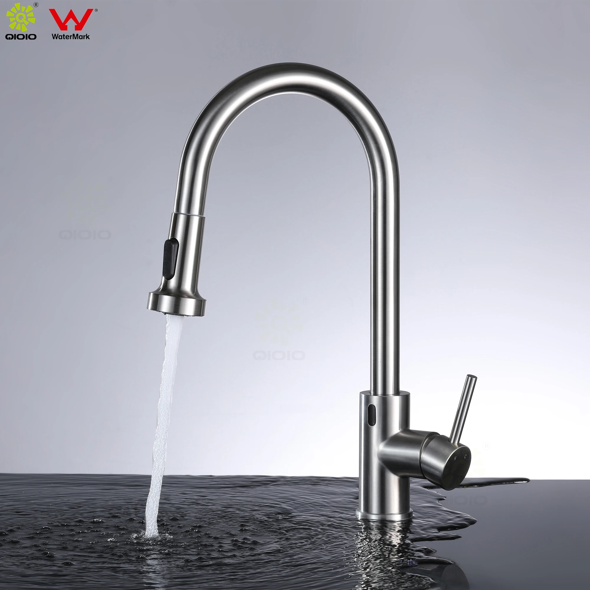 SUS304 Stainless Steel brushed nickel desk mounted Infrared sensor Pull down kitchen faucet