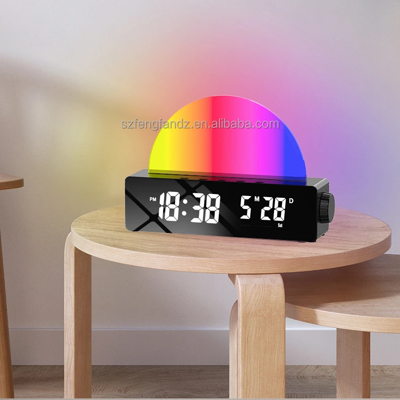 2023New Arrivals Table Dynamic Rgb Color Changing FM Radio Led Clocks Loud Alarm Digital Clock  Wake Up Sunrise Clock