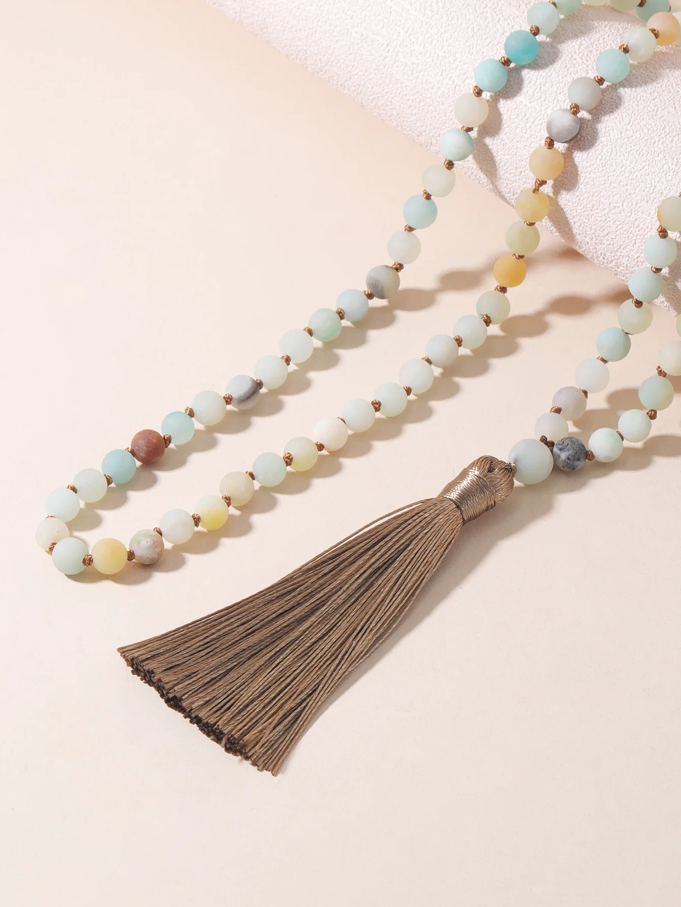 108 Mala Beads Necklace Semi-Precious Amazonite Gemstones Meditation Necklace Hand Knotted Mala Beaded Tassel Necklace