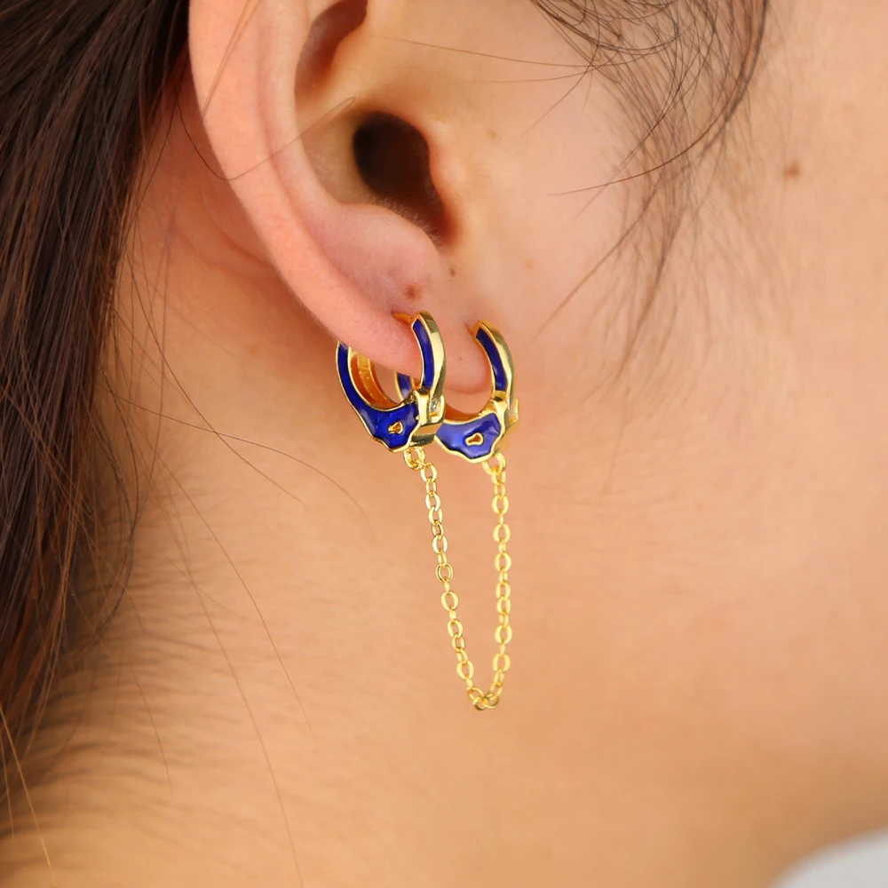 promotion blue red black white enamel hand cuff 2 hole tassel chain earring for women fashion jewelry