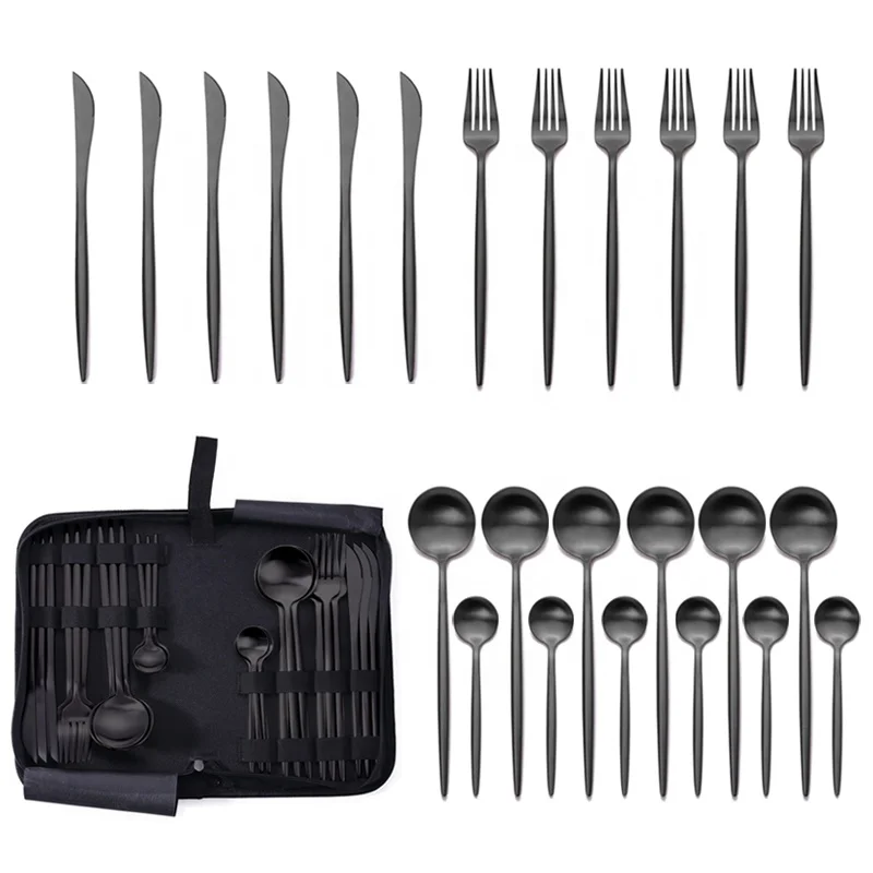 Customizable Packaging 24 Pieces Portable Camping Picnic Travel Gold Plated Flatware Silverware Dinnerware 24 Piece Cutlery