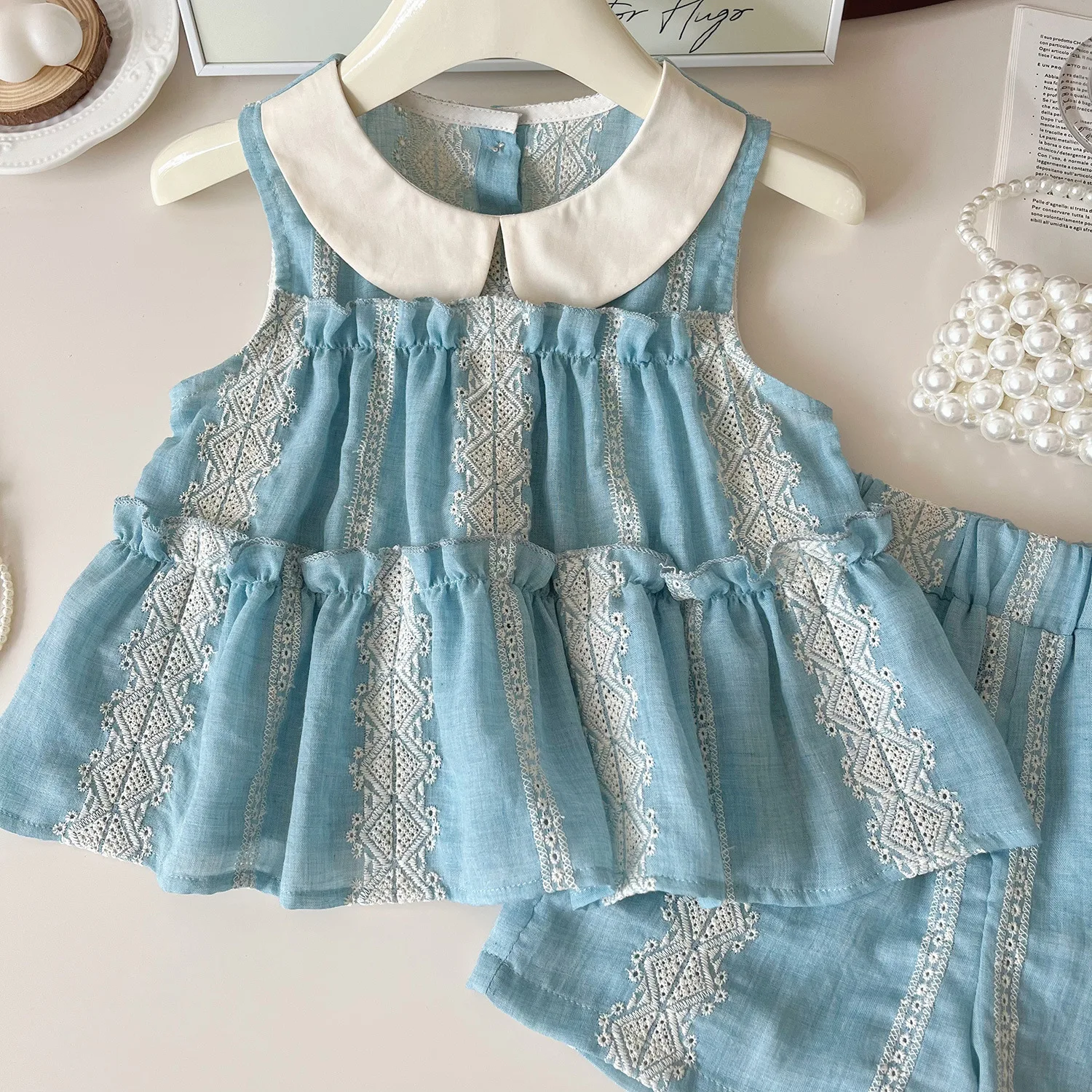 Summer Girl Outfits Doll Collar Round Neck Sleeveless Top Shorts Boutique Children Clothes Wholesale