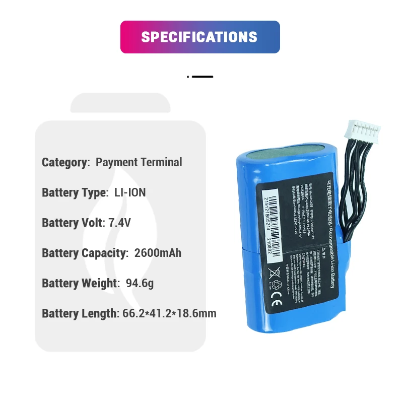 Li-ion 7.4V 2600mAh Rechargeable Lithium ion Payment Terminal K370 GX05 G870 Replacement Battery For Mobile POS Systems