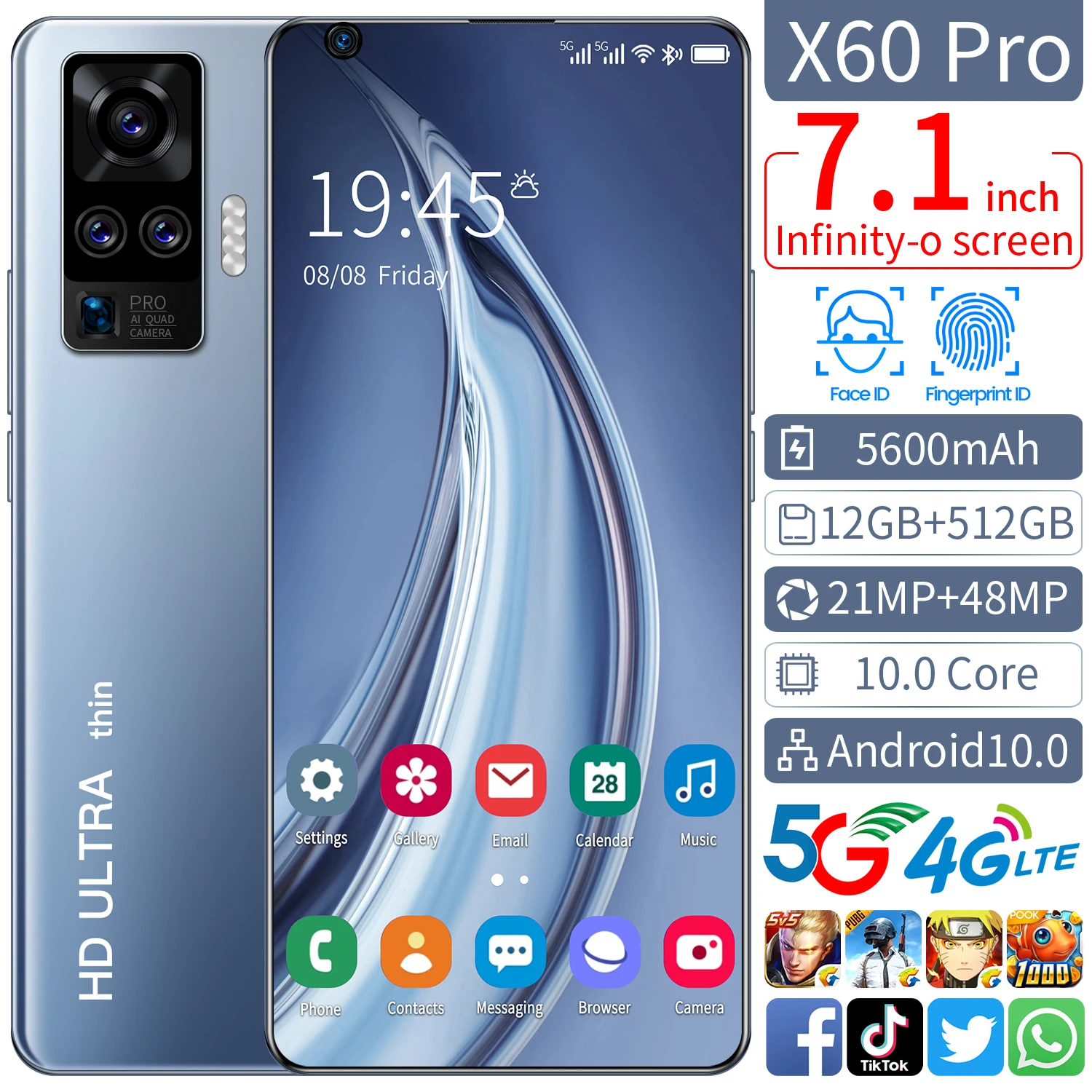 Смартфон X60 Pro, 7,2 дюйма, 3840x2160, 10 ядер, 12 + 512 ГБ, 3G, 4G, 5G