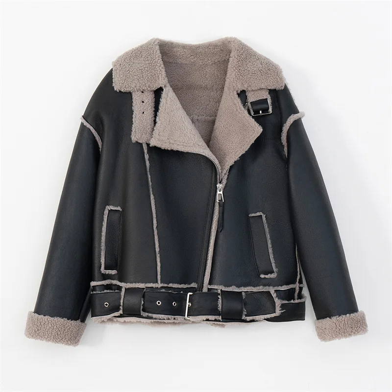 Winter Thick Warm Long Sleeves Zipper Turn-Down Collar Motorcycles Style Women Sheepskin Fur Leather Coats In Stock