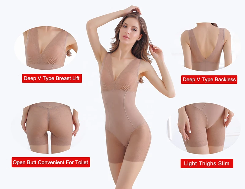 New arrival ladies full body shaper slim open butt shaper sexy back open butt lifter deep v neck fashion bodysuit
